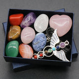 7 Chakra Healing Crystals, Gemstone Angel Wing Pendant Set W/Gift Box