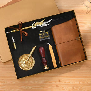 Fountain Pen, Wax Sealing Stamp, Notebook & Calligraphy Feather Pen Gift Box (Empty Ink Bottle)